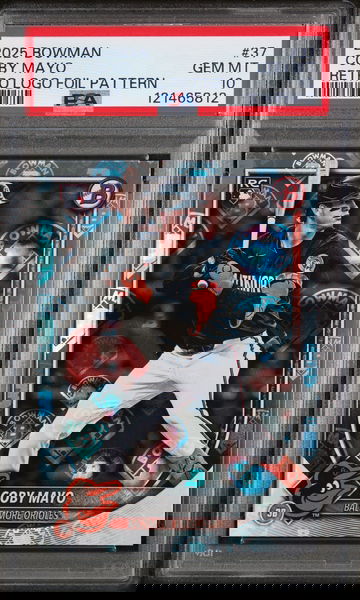 2025 Topps Bowman Retro Logo Foil Pattern Coby Mayo #37 RC PSA 10