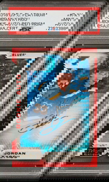 PSA 9 - 2018-19  O-Pee-Chee Platinum Red Prism 38/50 Jordan Kyrou Rookie Auto RC