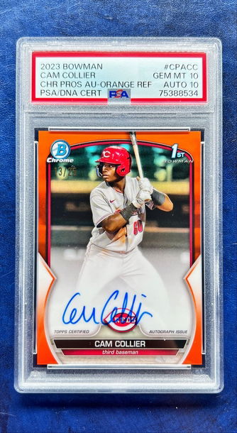 2023 Bowman Chrome Prospect Cam Collier Orange refractor auto /25 PSA 10/10