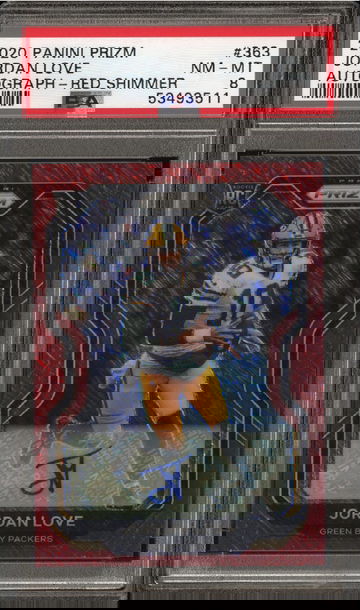 Jordan Love Rookie Prizm Red Shimmer Auto /35 PSA 8