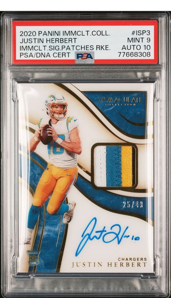 2020 Panini Immaculate Justin Herbert On-Card Rookie Patch Auto 4-Color! /49! PSA9/10! HOT! RARE! 