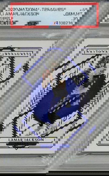 2020 PANINI NATIONAL TREASURES PURPLE #8 LAMAR JACKSON /50 PSA 10 LOW POP