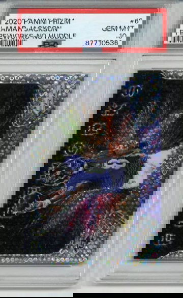 2020 PANINI PRIZM FIREWORKS NO HUDDLE #6 LAMAR JACKSON RAVENS PSA 10