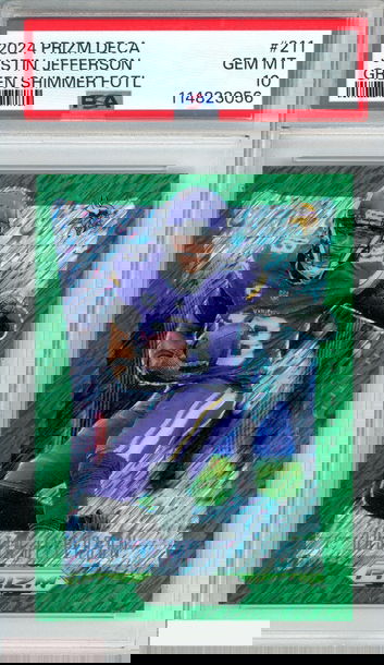 2024 PANINI PRIZM DECA JUSTIN JEFFERSON #211 GREEN SHIMMER FOTL 1 OF 12 PSA 10