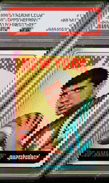 1996 STADIUM CLUB 1965 TOPPS FINEST REFRACTOR JOE NAMATH #1 RC ROOKIE GRADED PSA 8 JETS. POP 4 WITH ONLY 3 HIGHER