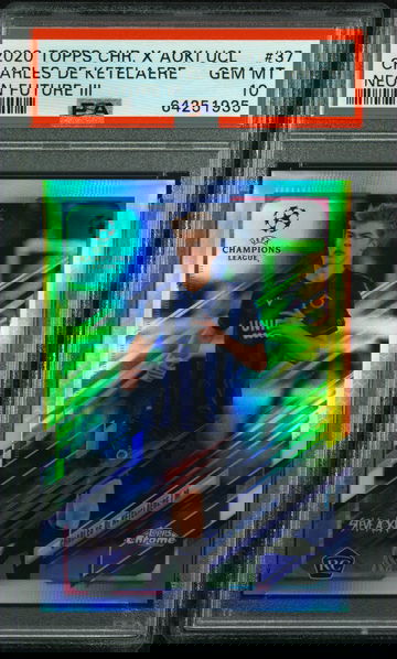 Charles de Ketelaere 2020 Topps Chrome UEFA Champions League Aoki Neon Future IV /75 ROOKIE PSA 10