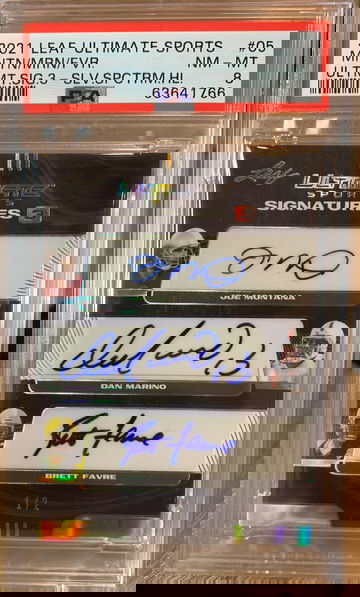 2021 Leaf Ultimate Sports Joe Montana Dan Marino Brett Favre Ultimate Signatures Silver Spectrum #/2 SSP PSA 8  