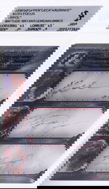 2008 Kobe Bryant 🐐 /Michael Jordan 🐐 / LeBron James 🐐 Upper Deck Radiance Auto Focus Triple BGS 9
