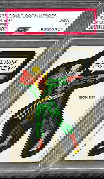 1975 MARVEL COMIC BOOK HEROES STICKERS SERIES 1 PSA 9 - Iron Fist - The Defenders