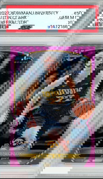 2022 BOWMAN CHROME UNIVERSITY CAITLIN CLARK #50 PINK REFRACTOR 1ST RC PSA 10