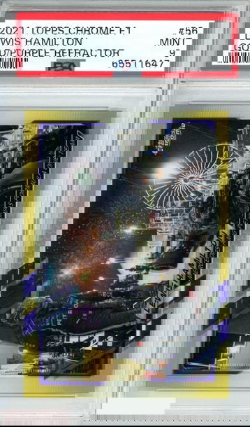 2021 TOPPS CHROME FORMULA 1 LEWIS HAMILTON #56 GOLD PURPLE REFRACTOR PSA 9 MINT