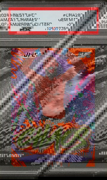 2024 Finest #CHA-28 Khamzat Chimaev Chaos-Tangerine Glitter /75 PSA 10