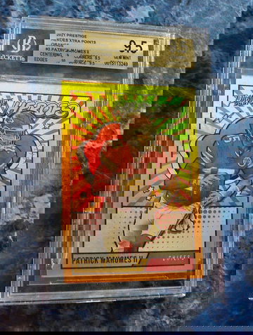 2021 Patrick Mahomes Prestige Heroes Xtra Points No. HE-3 Orange Jersey Number 15/75 BGS 9.5