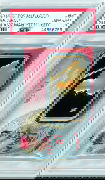 2019 Topps MLB Logo GLDN.ANN.MAN.PTCH-RED #MT Mike Trout PSA 8 NM-MT!