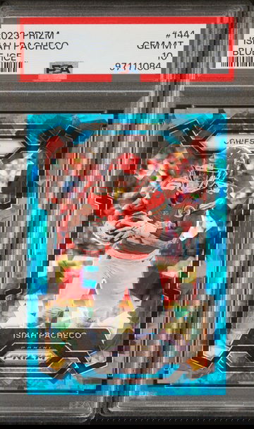 2023 Panini Prizm Blue Ice Prizm Isiah Pacheco #144 /99 PSA 10