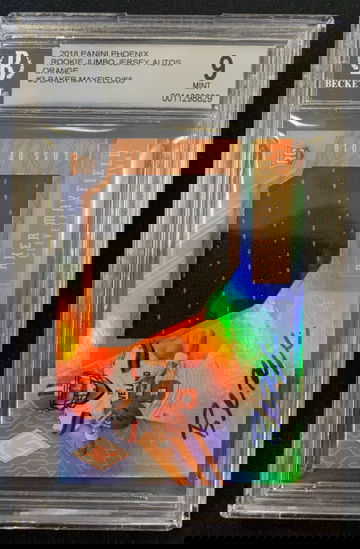 2018 Panini Phoenix Baker Mayfield Orange Autograph Jersey Rookie #/65 BGS 9