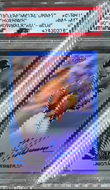 2019 Leaf Metal Draft Nico Hoerner '90 throwback auto - blue /30  PSA 8