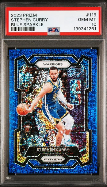 2023-24 Panini Prizm Steph Curry Blue Sparkle #/144 PSA 10 Gem Mint “Logoman”