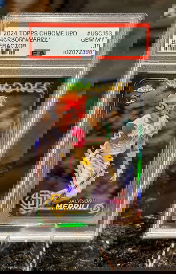 2024 Topps Chrome Update JACKSON MERRILL RC True Rookie REFRACTOR PSA 10 GEM MT