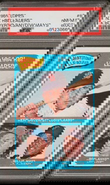1965 Topps NL RBI Leaders K.Boyer/R.Santo/W.Mays #6 PSA 8(OC) [BL-1C.50]