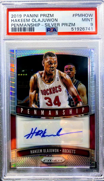 2019 PANINI PRIZM HAKEEM OLAJUWON #PMHOW PENMANSHIP SILVER AUTO PSA 9 MINT POP 6