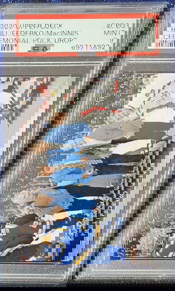 Hull, Federko, MacInnis 2020-21 UD Ceremonial Puck Drop Ovechkin PSA 9