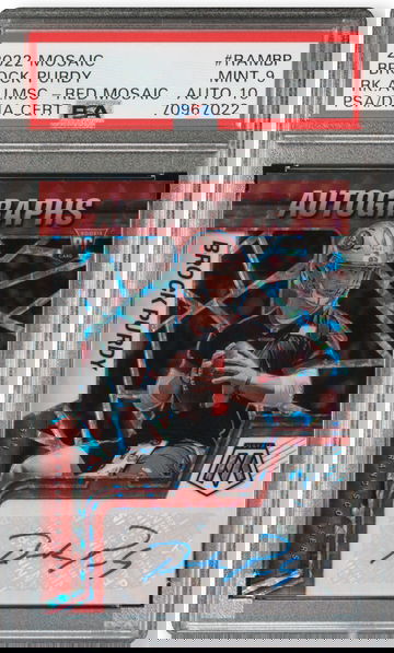 BROCK PURDY 2022 MOSAIC NFL FOOTBALL RAMBP ROOKIE AUTOGRAPHS RED - PSA 9 AUTO 10