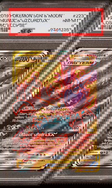2019 Pokemon Sun & Moon Cosmic Eclipse FA Naganadel & Guzzlord GX #223 PSA 8