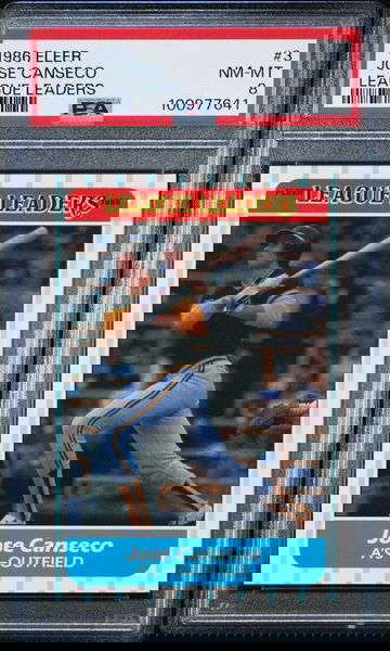 1986 Fleer League Leaders Jose Canseco PSA 8