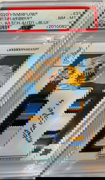 2020 Justin Herbert Panini One Rookie Dual Patch Auto Blue Parallel PSA 8