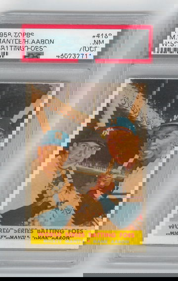 1958 TOPPS #418 WORLD SERIES BATTING FOES MICKEY MANTLE AND HANK AARON