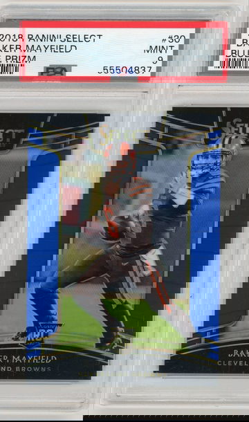 BAKER MAYFIELD 2018 Panini Select Blue Prizm Rc #104/175 PSA 9