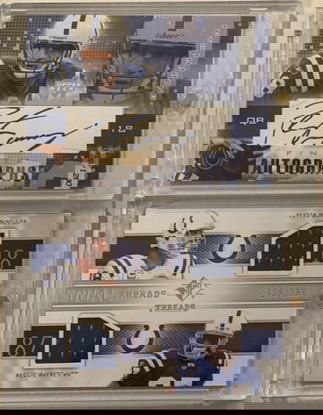 Hall of Famer Peyton Manning 2 Card Lot including on card autograph and game-worn patch