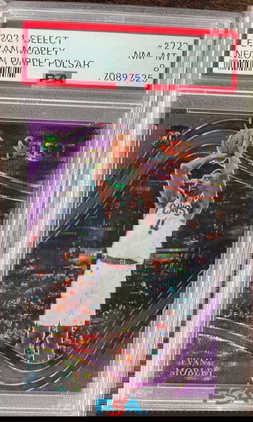 Evan Mobley 2021 Select Courtside Purple Neon Pulsar /5 PSA 8