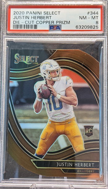 2020 Panini Select Justin Herbert Copper Prizm Die Cut Field Level /355 PSA 8