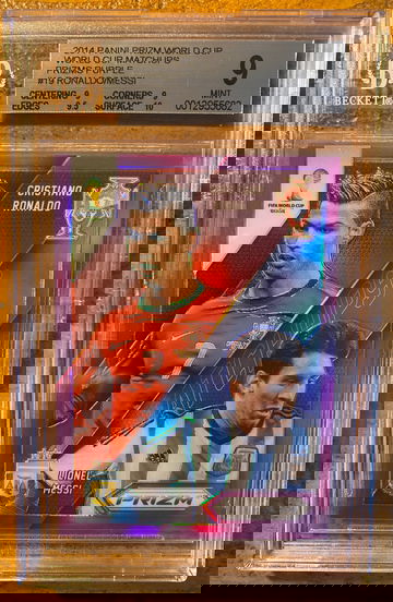 2014 Panini Prizm World Cup Matchups Messi / Ronaldo Purple /99 (10, 9.5, 9, 9)