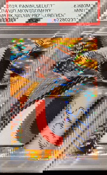 2019 Select David Montgomery Jumbo Rookie Swatch Orange Pulsar Auto 5/23 #JM-DM PSA 9