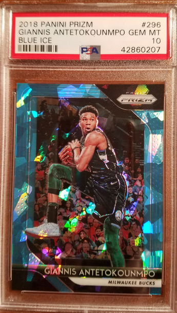 2018-19 MVP YEAR Prizm Blue Ice Prizm #'d 98/99 Giannis Antetokounmpo PSA 10 Gem Mint