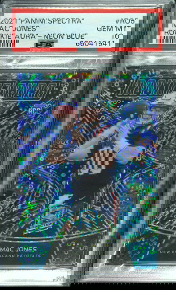 2021 Panini Spectra Mac Jones Rookie Aura Neon Blue 36/60 PSA 10 Gem Mint RC 