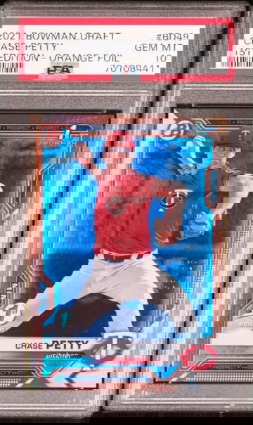 2021 BOWMAN DRAFT 1ST EDITION CHASE PETTY 1ST EDITION ORANGE FOIL #/25 PSA 10