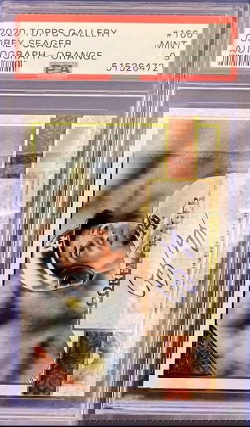 2020 Topps Gallery ORANGE AUTO SP /25 Corey Seager PSA 9 Mint short print #166 Dodgers Autographs