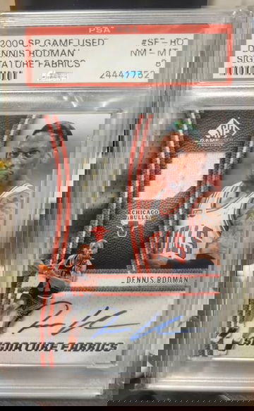 2009 SP GAME USED SIGNATURE FABRICS DENNIS RODMAN PSA 8