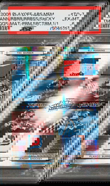 2006 PLAYOFF ABSOLUTE MEMORABILIA TEAM QUADS PRIME SPECTRUM ELI MANNING TIKI BARBER PLAXICO BURRESS JEREMY SHOCKEY PSA 6