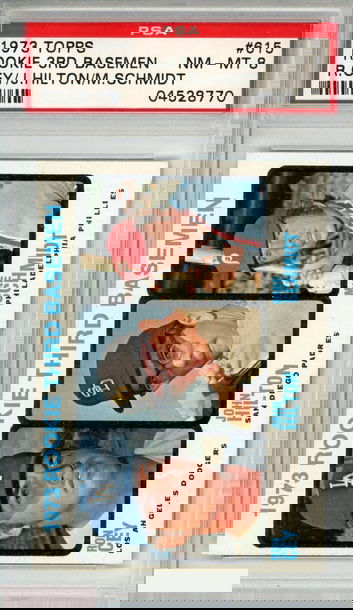 1973 TOPPS ROOKIE 3RD BASEMEN #615 MIKE SCHMIDT RON CEY JOHN HILTON RC PSA 8