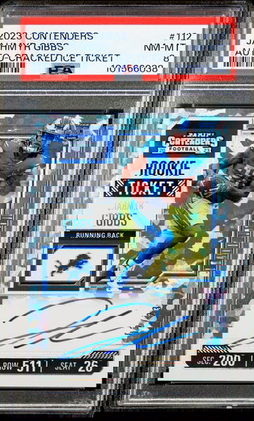 2023 Jahmyr Gibbs Panini Contenders Cracked Ice Rookie Ticket Auto 2/23 PSA 8 #112 SP Autograph