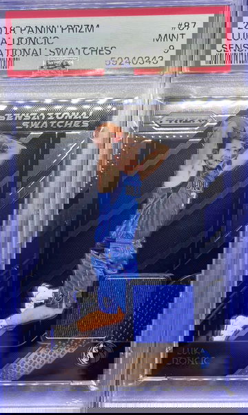 2018-19 Luka Doncic Panini Prizm Sensational Swatches PSA 9 Mint SP RC Dallas