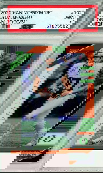 2020 PANINI PRIZM DRAFT PICKS JUSTIN HERBERT #102 ORANGE PRIZM RC PSA 9 MINT