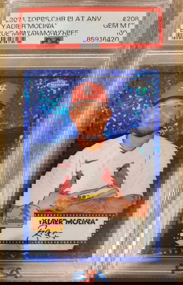 2021 Topps Chrome Platinum Yadier Molina Blue Mini Diamond /199 SP PSA 10 Gem Mint