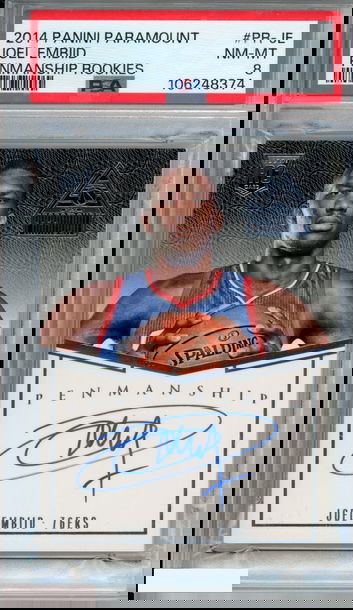 2014 PANINI PARAMOUNT PENMANSHIP ROOKIES JOEL EMBIID #PR-JE RC AUTO OF 99 PSA 8