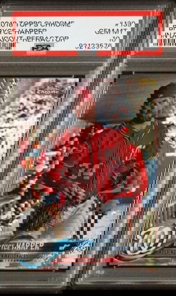 2018 Topps Chrome #139 Bryce Harper in Dugout Refractor Nationals PSA 10